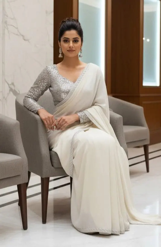 Silver Sequin Pre-Draped Saree - Ready to Wear with Attached Petticoat Maha Collection
