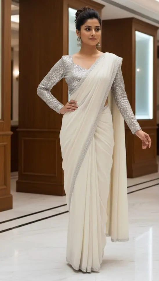 Silver Sequin Pre-Draped Saree - Ready to Wear with Attached Petticoat Maha Collection