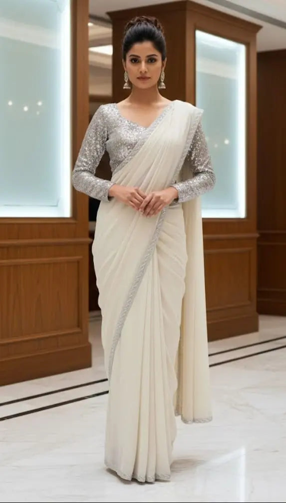 Silver Sequin Pre-Draped Saree - Ready to Wear with Attached Petticoat Maha Collection