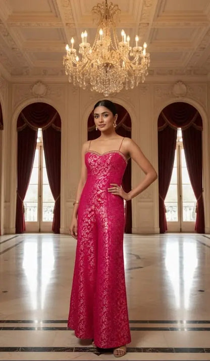 Rani Pink Brocade Jumpsuit - Custom-Stitched Indo-Western with Handwork Maha Collection
