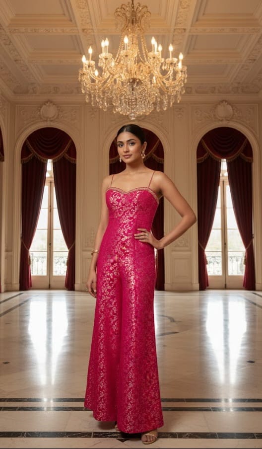 Rani Pink Brocade Jumpsuit - Custom-Stitched Indo-Western with Handwork