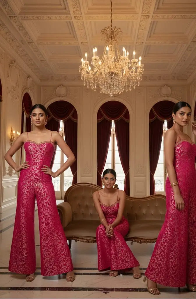 Rani Pink Brocade Jumpsuit - Custom-Stitched Indo-Western with Handwork Maha Collection