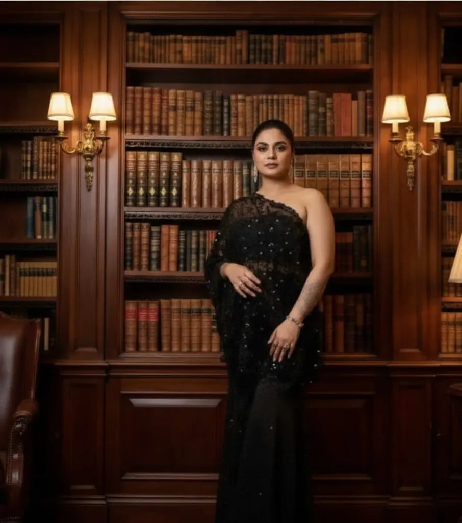 Black Off-Shoulder Palazzo Set - Custom-Stitched with Heavy Handwork Maha Collection