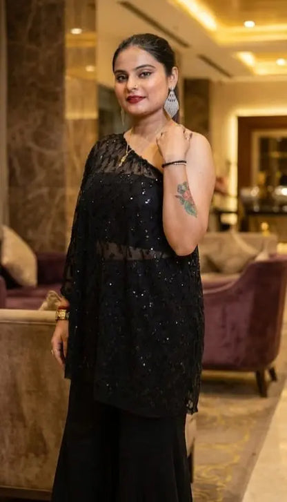 Black Off-Shoulder Palazzo Set - Custom-Stitched with Heavy Handwork Maha Collection