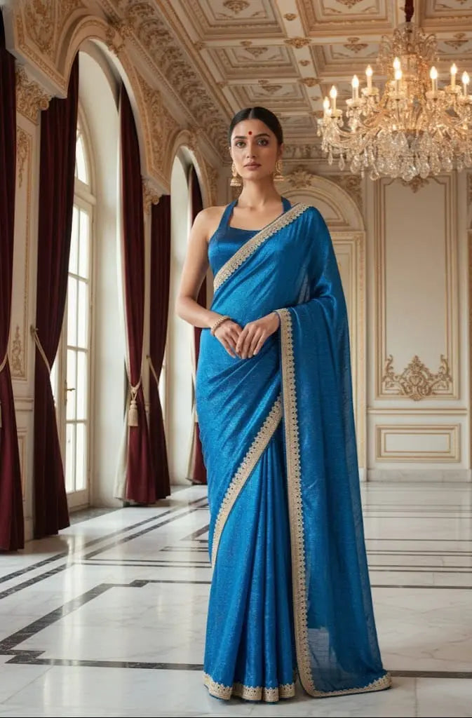 Blue Fancy Pre-Draped Saree - Custom-Stitched with Heavy Lace Work Maha Collection