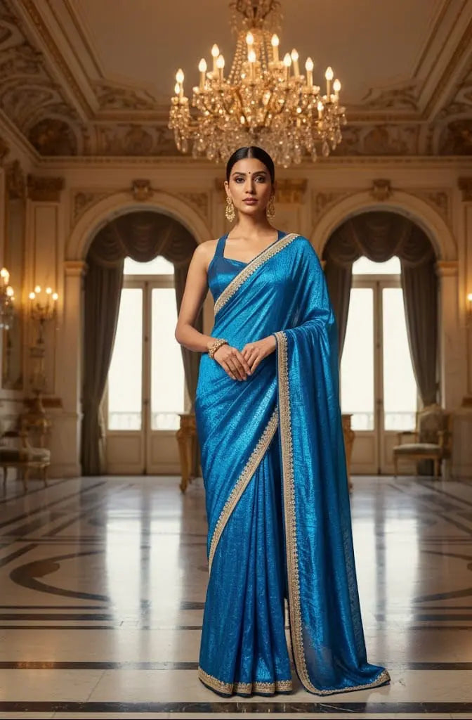 Blue Fancy Pre-Draped Saree - Custom-Stitched with Heavy Lace Work Maha Collection
