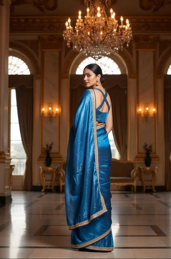 Blue Fancy Pre-Draped Saree - Custom-Stitched with Heavy Lace Work Maha Collection