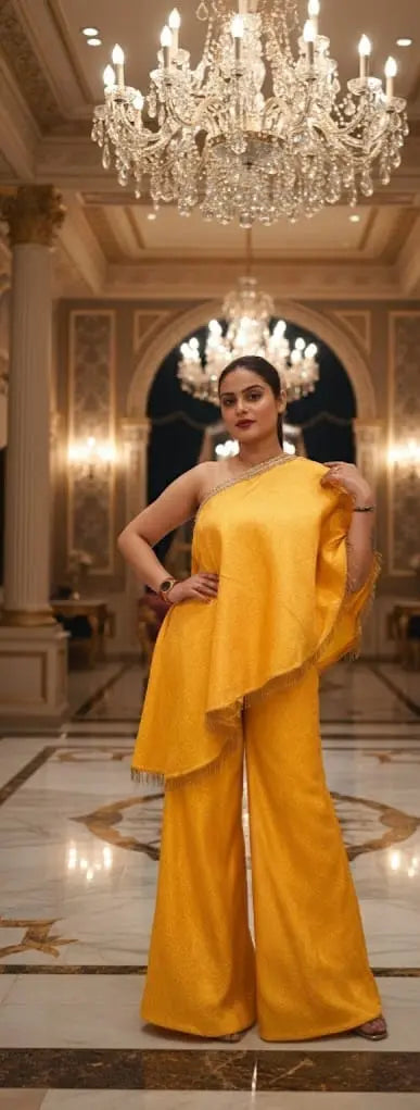 Yellow Brocade Off-Shoulder Palazzo Set - Custom-Stitched Indo-Western Maha Collection
