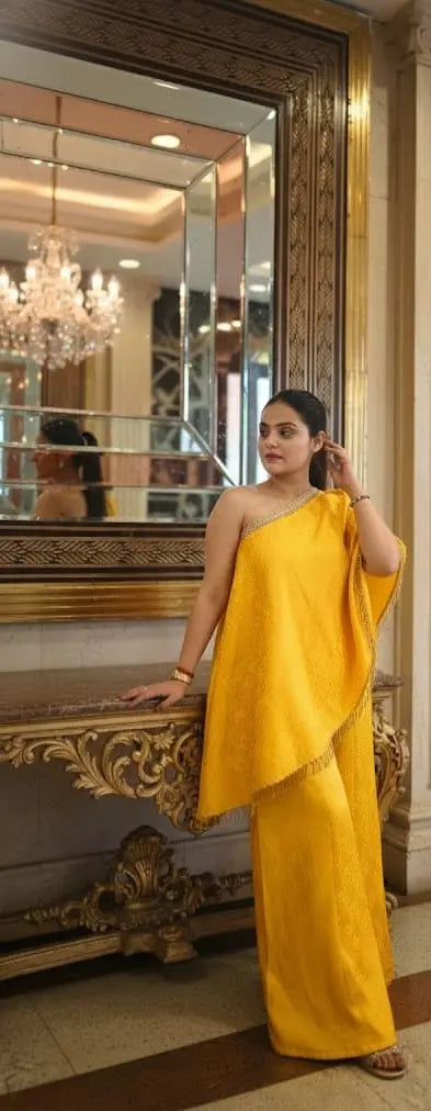 Yellow Brocade Off-Shoulder Palazzo Set - Custom-Stitched Indo-Western Maha Collection