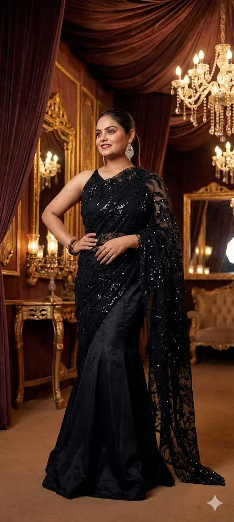 Black Saree-Lehenga Hybrid - Custom-Stitched 2-in-1 Fish Cut Design Maha Collection