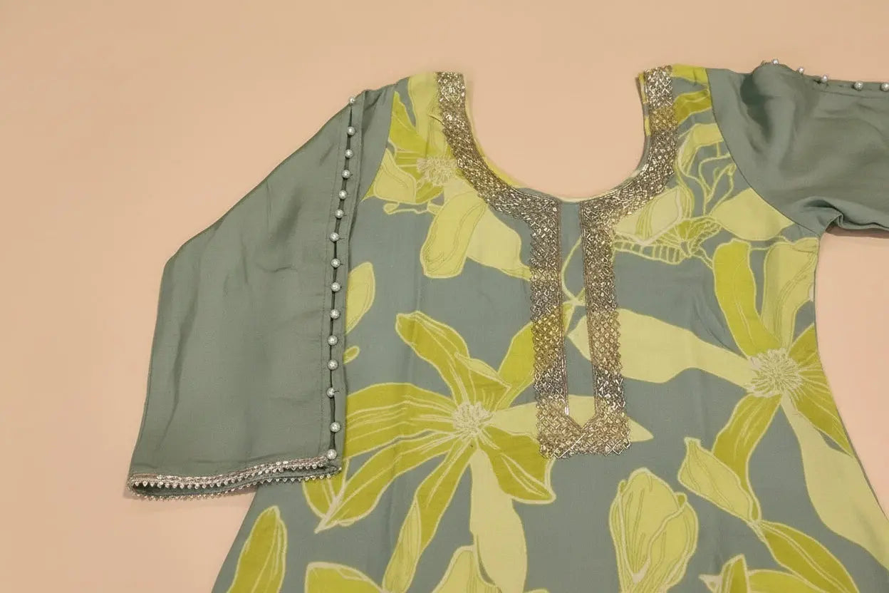 Sage Green & Lime Muslin Dhoti Salwar with Cutdana & Silver Lace Dupatta Rachna Suits