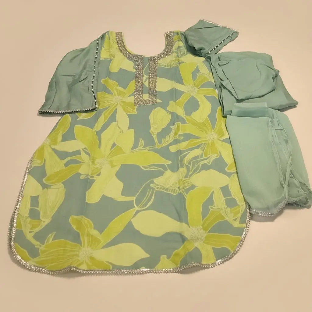 Sage Green & Lime Muslin Dhoti Salwar with Cutdana & Silver Lace Dupatta Rachna Suits