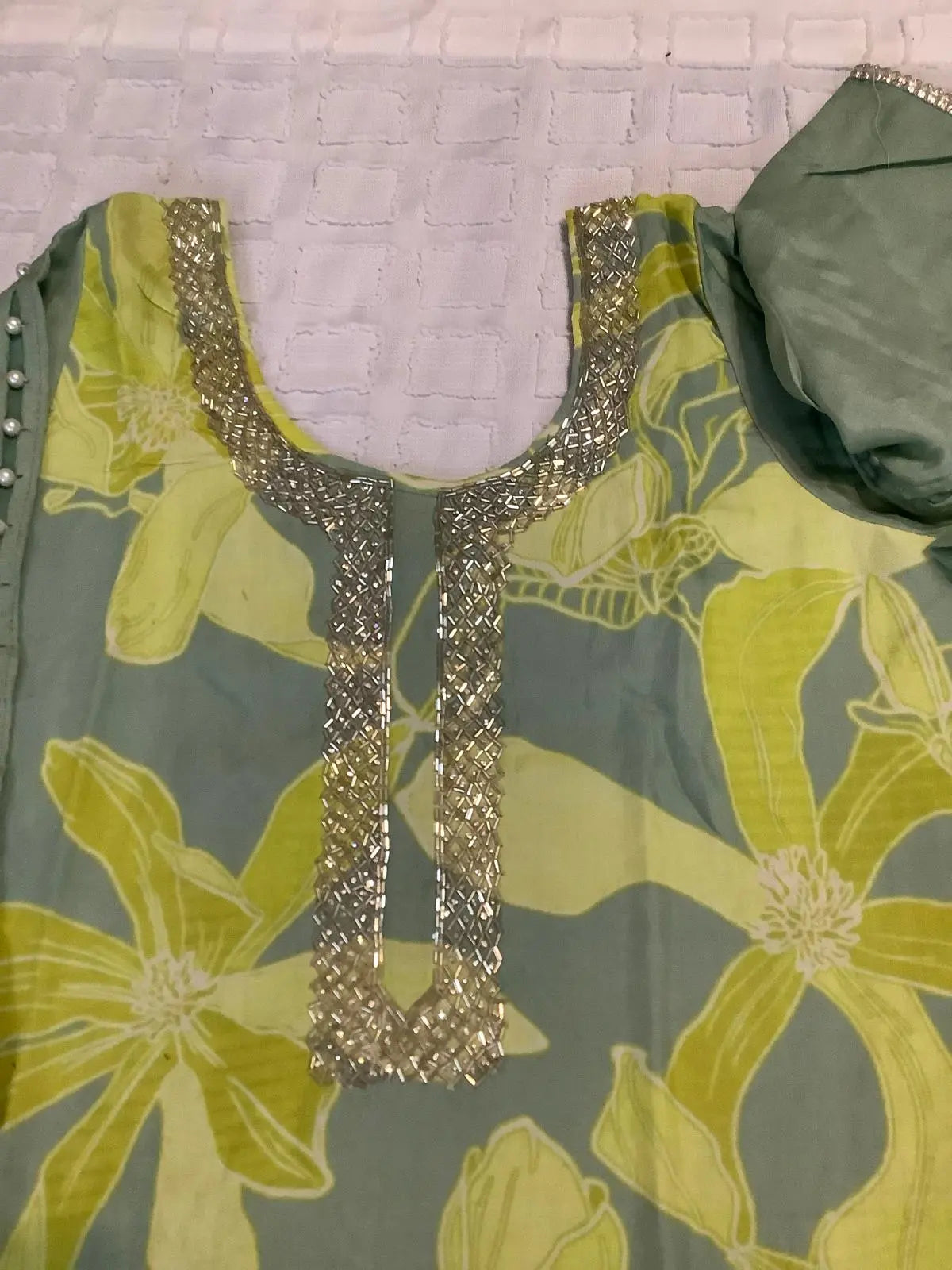 Sage Green & Lime Muslin Dhoti Salwar with Cutdana & Silver Lace Dupatta Rachna Suits