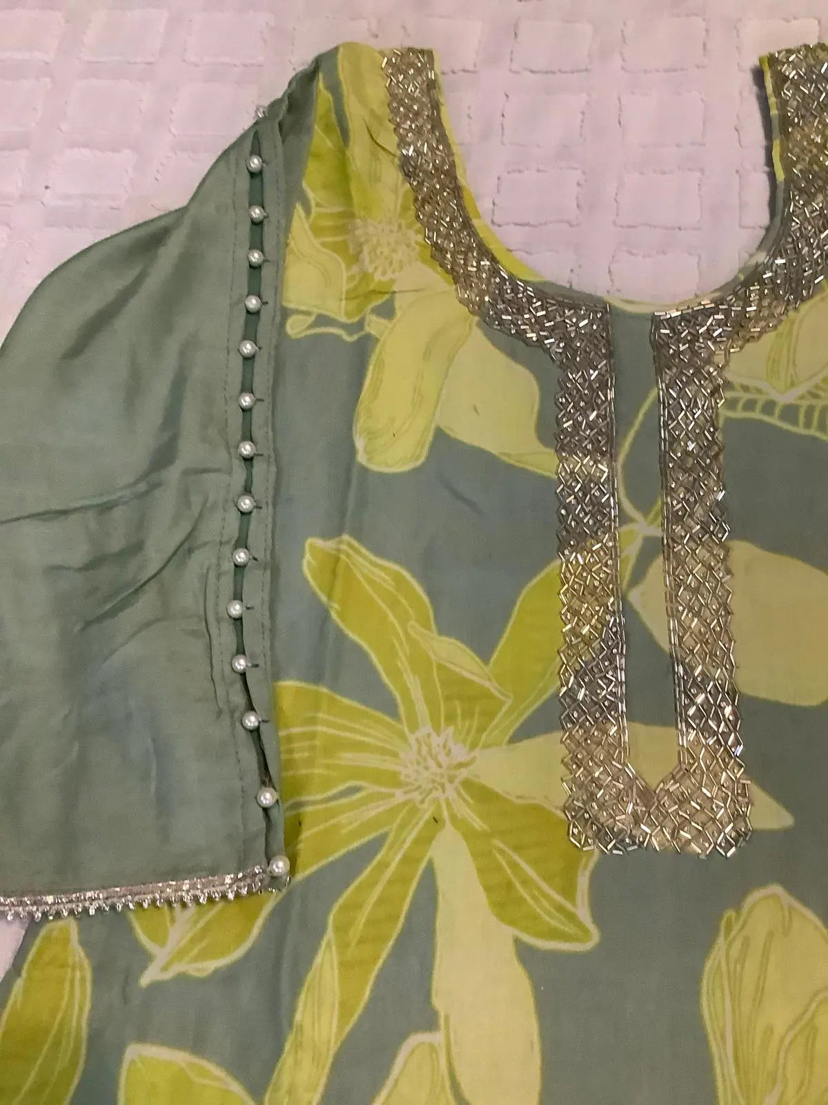 Sage Green & Lime Muslin Dhoti Salwar with Cutdana & Silver Lace Dupatta Rachna Suits