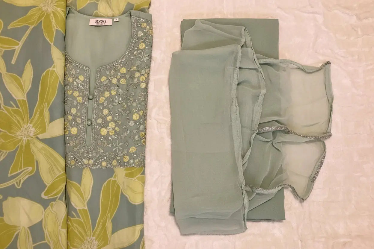Sage Green & Lime Muslin Dhoti Salwar with Cutdana & Silver Lace Dupatta Rachna Suits