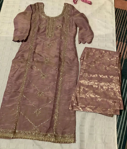 Shimmer Palazzo Suit - Pearl, Cutdana & Dabka Embroidered with Bell Bottom Pants Rachna Suits