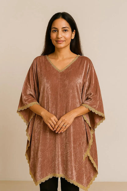 Rose Pink Velvet Kaftan - Handcrafted Lace Ethnic Wear Maha Collection