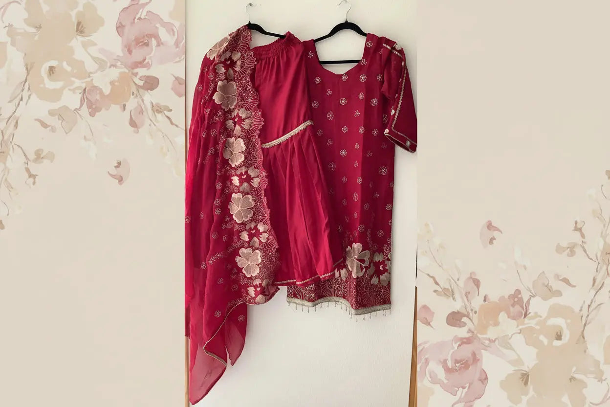 Red Vichitra Silk Sharara Suit with Zari & Rose Gold Work Rachna Suits