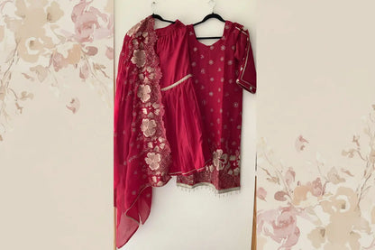 Red Vichitra Silk Sharara Suit with Zari & Rose Gold Work Rachna Suits