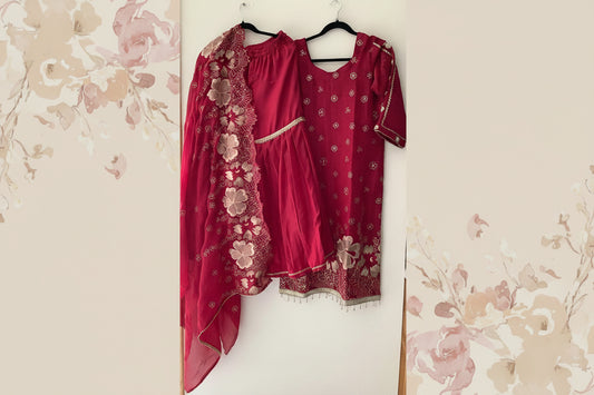 Red Vichitra Silk Sharara Suit with Zari & Rose Gold Work