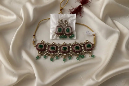 Rani Premium Moissanite Choker – Mint, Ruby & Pearl Gold Plated Nikhar Jewelry
