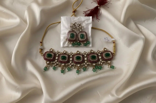 Rani Premium Moissanite Choker – Mint, Ruby & Pearl Gold Plated Nikhar Jewelry