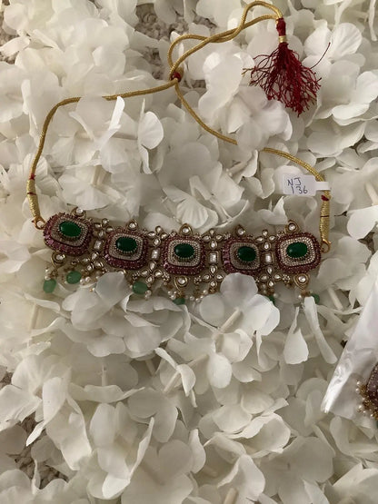Rani Premium Moissanite Choker – Mint, Ruby & Pearl Gold Plated Nikhar Jewelry