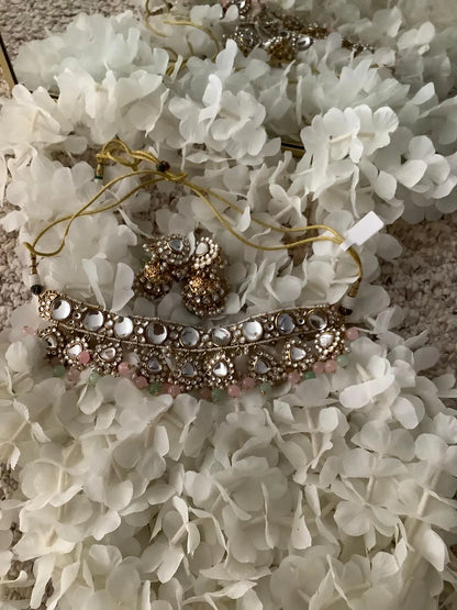 Kundan Mint & Baby Pink Statement Necklace Set with Jhumki & White Pearls – Gold Plated Nikhar Jewelry