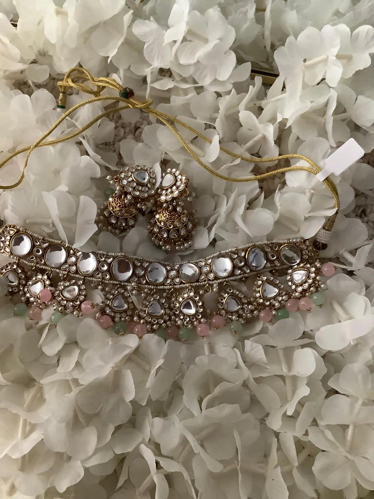 Kundan Mint & Baby Pink Statement Necklace Set with Jhumki & White Pearls – Gold Plated Nikhar Jewelry