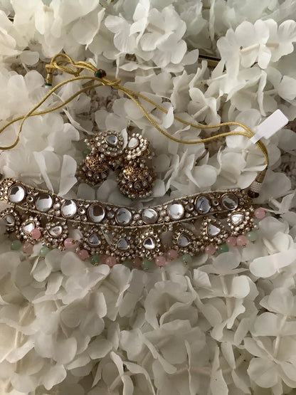 Kundan Mint & Baby Pink Statement Necklace Set with Jhumki & White Pearls – Gold Plated Nikhar Jewelry