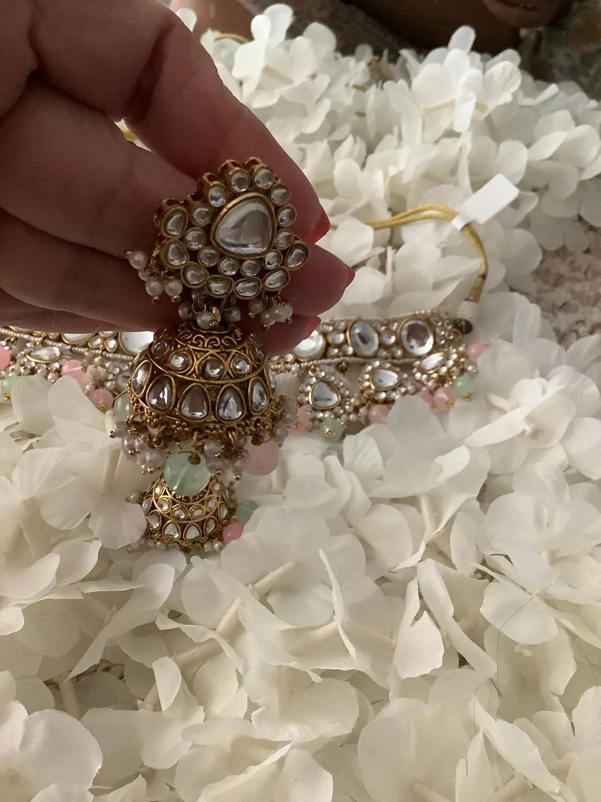 Kundan Mint & Baby Pink Statement Necklace Set with Jhumki & White Pearls – Gold Plated Nikhar Jewelry