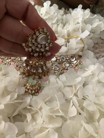 Kundan Mint & Baby Pink Statement Necklace Set with Jhumki & White Pearls – Gold Plated Nikhar Jewelry