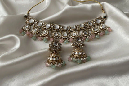 Kundan Mint & Baby Pink Statement Necklace Set with Jhumki & White Pearls – Gold Plated Nikhar Jewelry