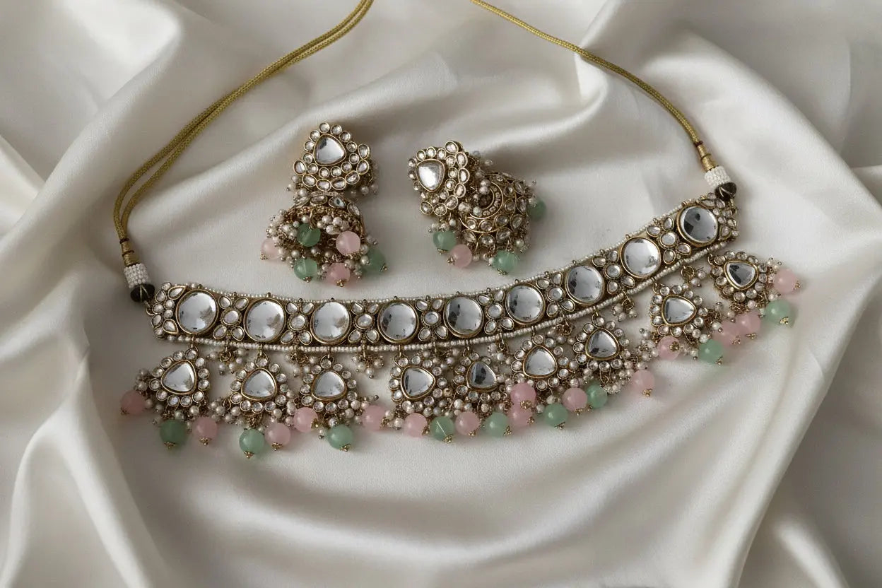 Kundan Mint & Baby Pink Statement Necklace Set with Jhumki & White Pearls – Gold Plated Nikhar Jewelry