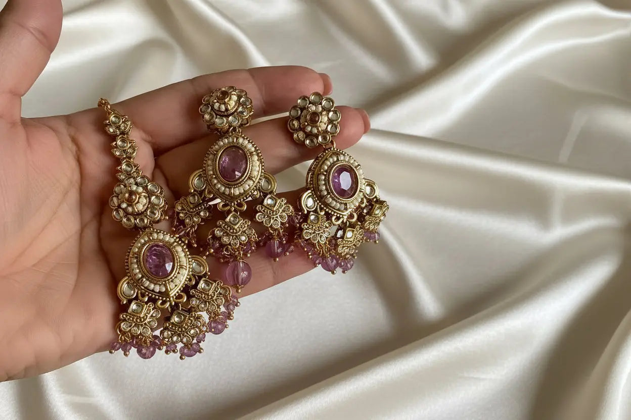 Razi Lavender Pearl Kundan Luxe Choker Set with Earrings & Maang Tikka Nikhar Jewelry