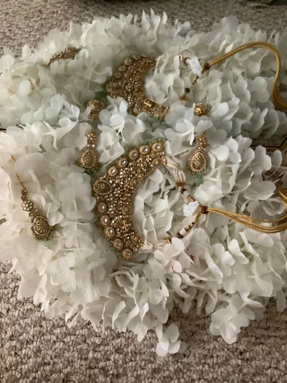 Ravity Kundan Mint & Pearl Heavy Bridal Set with Maang Tikka – Gold Tone Nikhar Jewelry