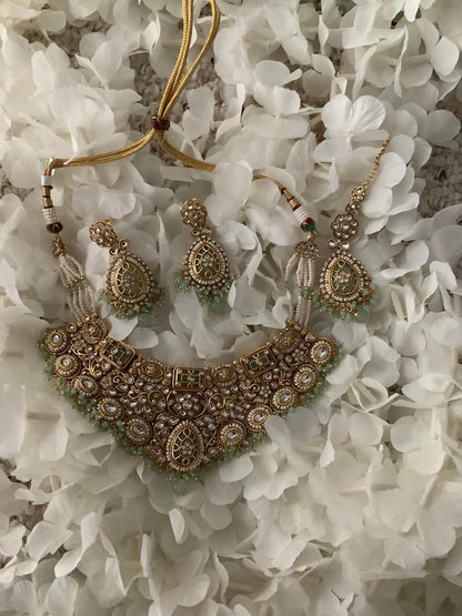 Ravity Kundan Mint & Pearl Heavy Bridal Set with Maang Tikka – Gold Tone Nikhar Jewelry