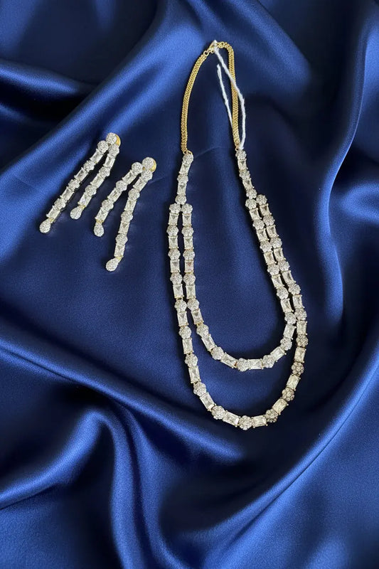 2-Layer Silver & Gold Tint CZ Necklace Set | 24ct Gold Plated Statement Jewelry Indian Fashions
