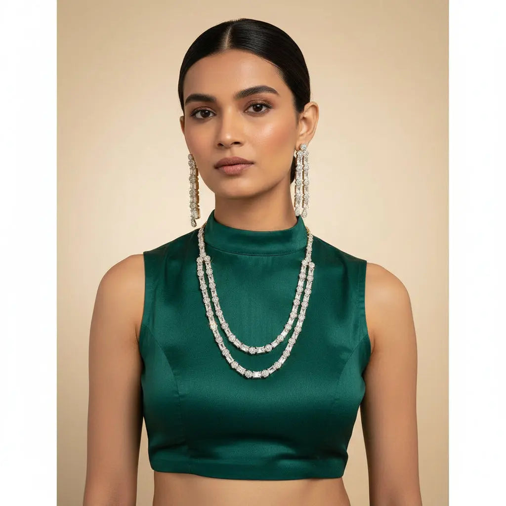 2-Layer Silver & Gold Tint CZ Necklace Set | 24ct Gold Plated Statement Jewelry Indian Fashions