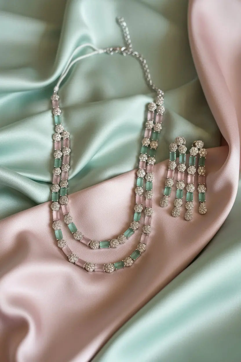 2-Layer Pastel Mint & Baby Pink Hydrostone CZ Necklace Set | 24ct Rhodium Plated Indian Fashions