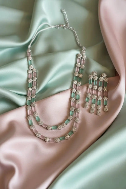 2-Layer Pastel Mint & Baby Pink Hydrostone CZ Necklace Set | 24ct Rhodium Plated Indian Fashions