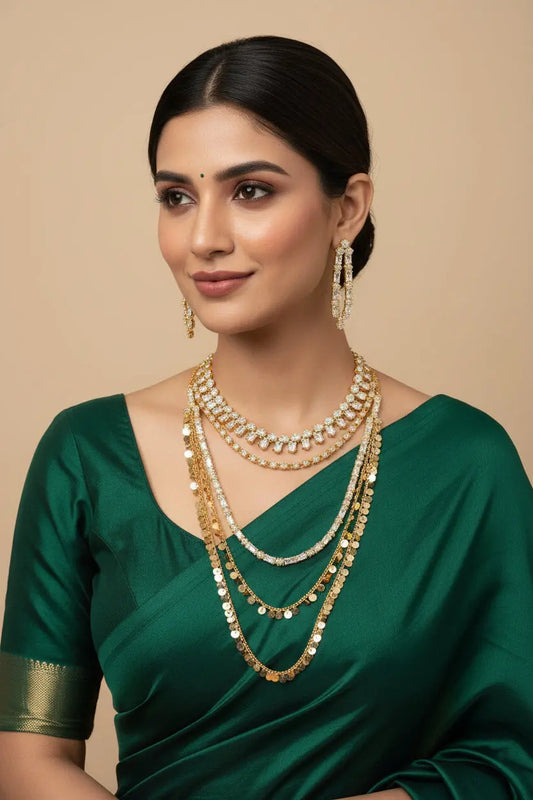 2-Layer Gold & CZ Necklace Set | 24ct Gold Plated Statement Jewelry Indian Fashions