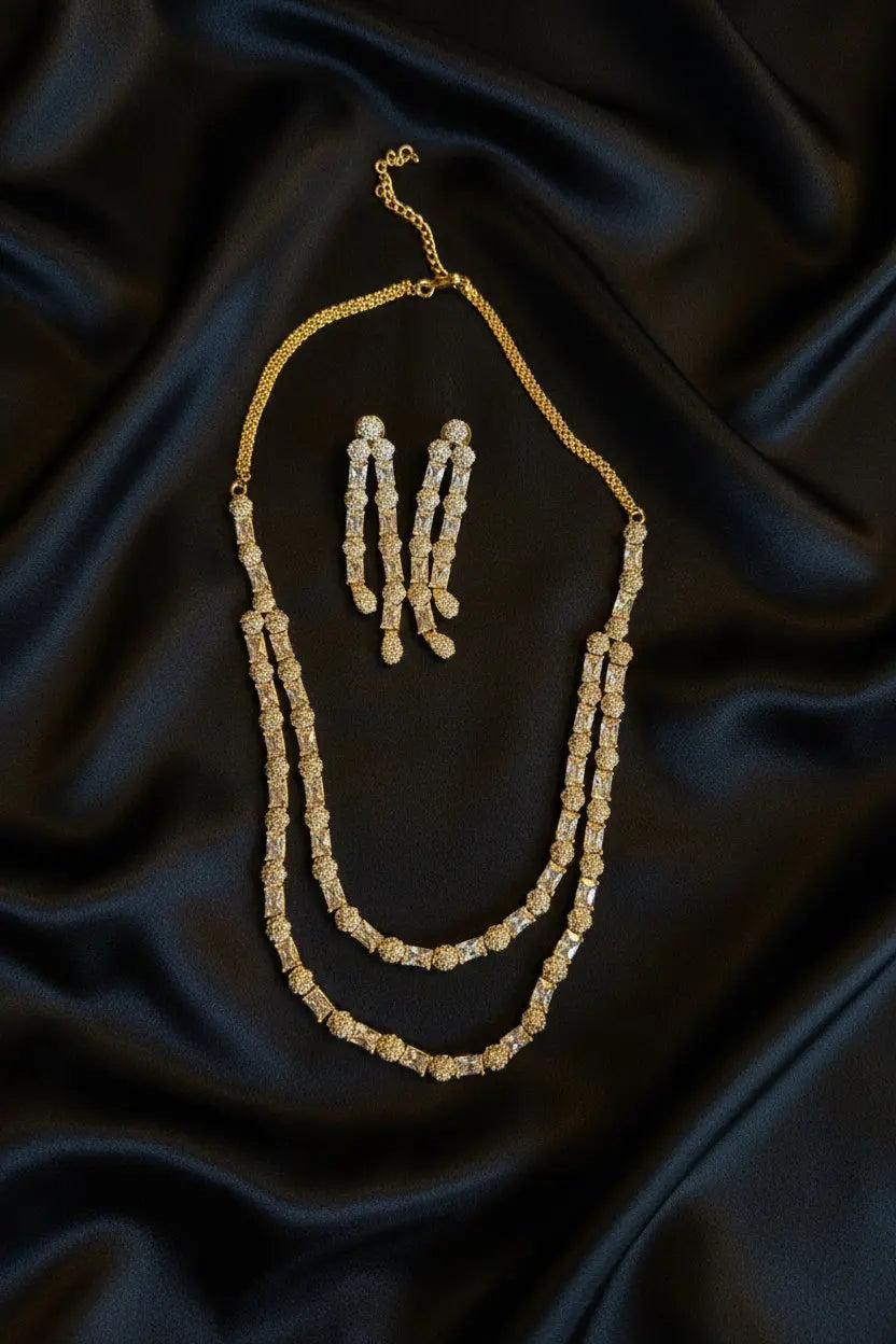 2-Layer Gold & CZ Necklace Set | 24ct Gold Plated Statement Jewelry Indian Fashions