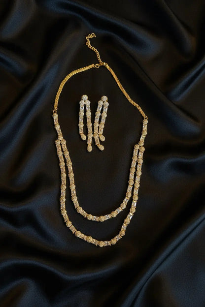 2-Layer Gold & CZ Necklace Set | 24ct Gold Plated Statement Jewelry Indian Fashions