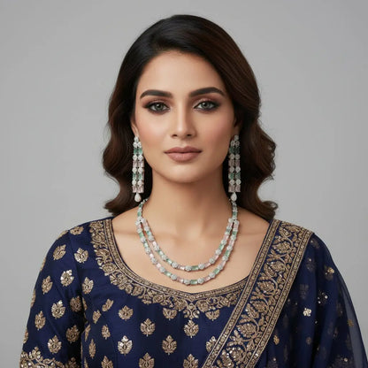 2-Layer Pastel Mint & Baby Pink Hydrostone CZ Necklace Set | 24ct Rhodium Plated Indian Fashions