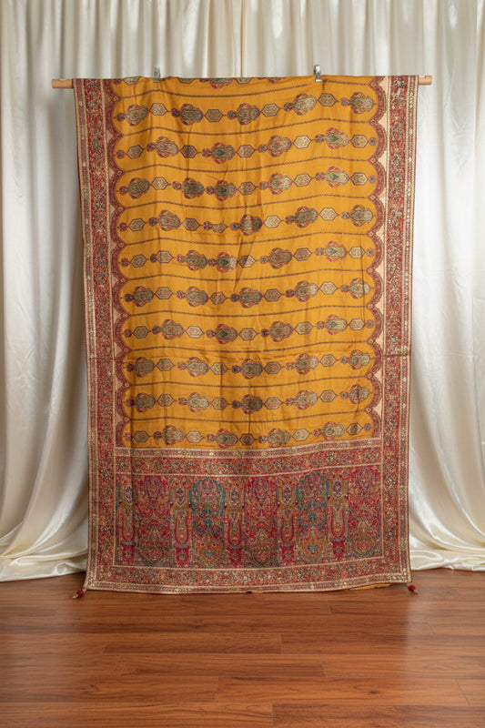 Mustard Chinon Silk Saree with Fully Stitched Heavy Embroidered Blouse 