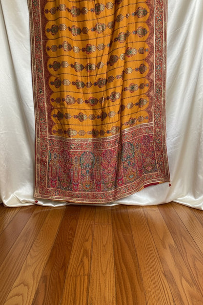 Mustard Chinon Silk Saree with Fully Stitched Heavy Embroidered Blouse 