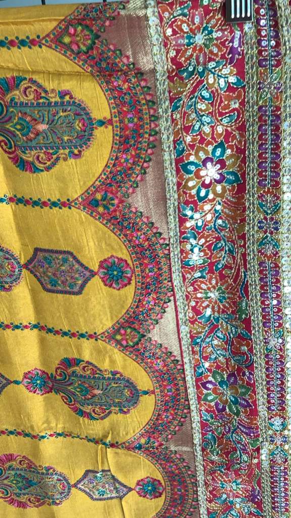 Mustard Chinon Silk Saree with Fully Stitched Heavy Embroidered Blouse Ajmera
