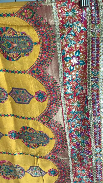 Mustard Chinon Silk Saree with Fully Stitched Heavy Embroidered Blouse Ajmera
