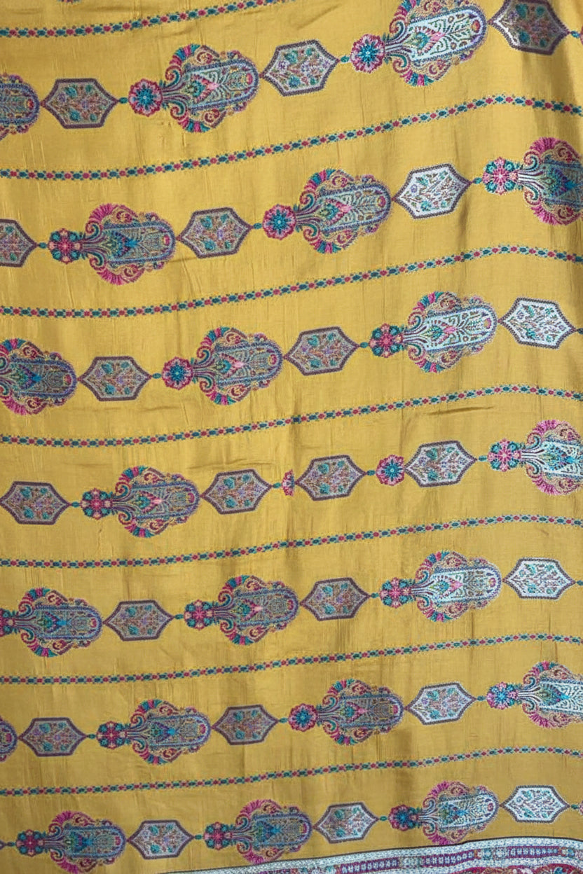 Mustard Chinon Silk Saree with Fully Stitched Heavy Embroidered Blouse Ajmera